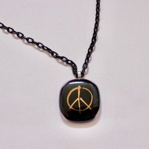 Women’s Square Peace Pendant Necklace with Black Metal Chain